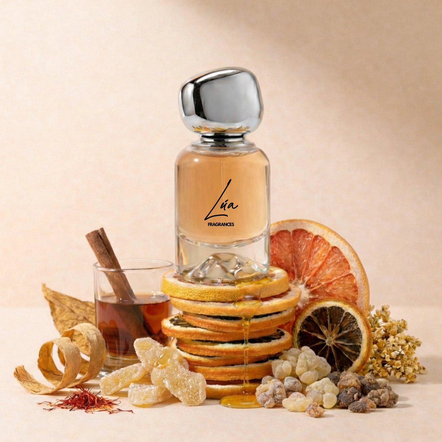 Unisex Duftzwilling Amber – Lifestyle Foto mit Flakon, Zitrus, Tabak und Vanille-Akzenten – hohe Duftölkonzentration – Lúa Fragrances