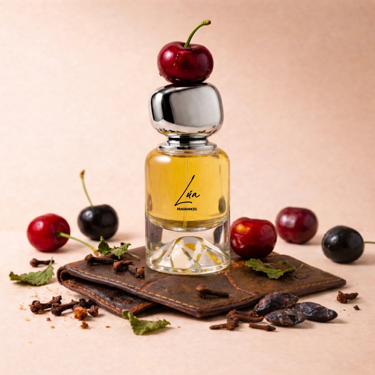 Unisex Duftzwilling Cherry – Lifestyle Foto mit Flakon, schwarzer Kirsche, Mandel und Vanille-Wärme – hohe Duftölkonzentration – Lúa Fragrances