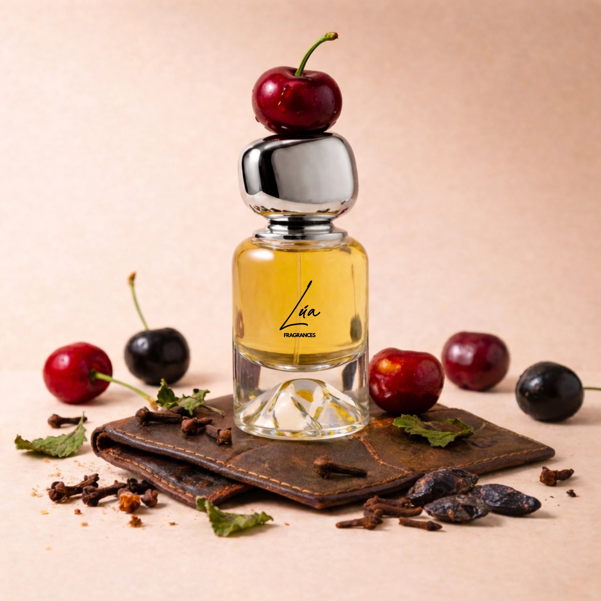 Unisex Duftzwilling Cherry – Lifestyle Foto mit Flakon, schwarzer Kirsche, Mandel und Vanille-Wärme – hohe Duftölkonzentration – Lúa Fragrances