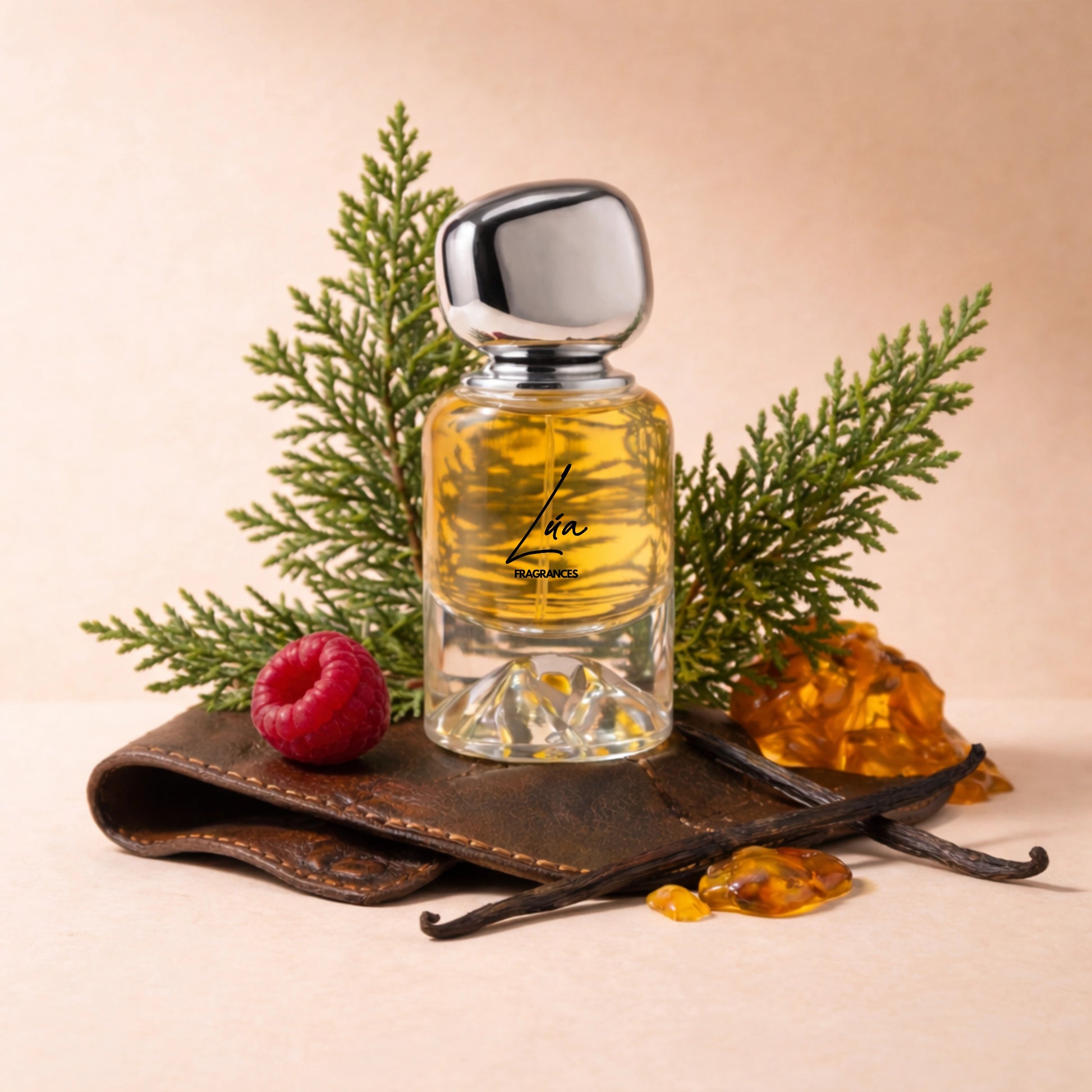 Unisex Duftzwilling London – Lifestyle Foto mit Flakon, Oud, Leder, Himbeere und Amber – hohe Duftölkonzentration – Lúa Fragrances