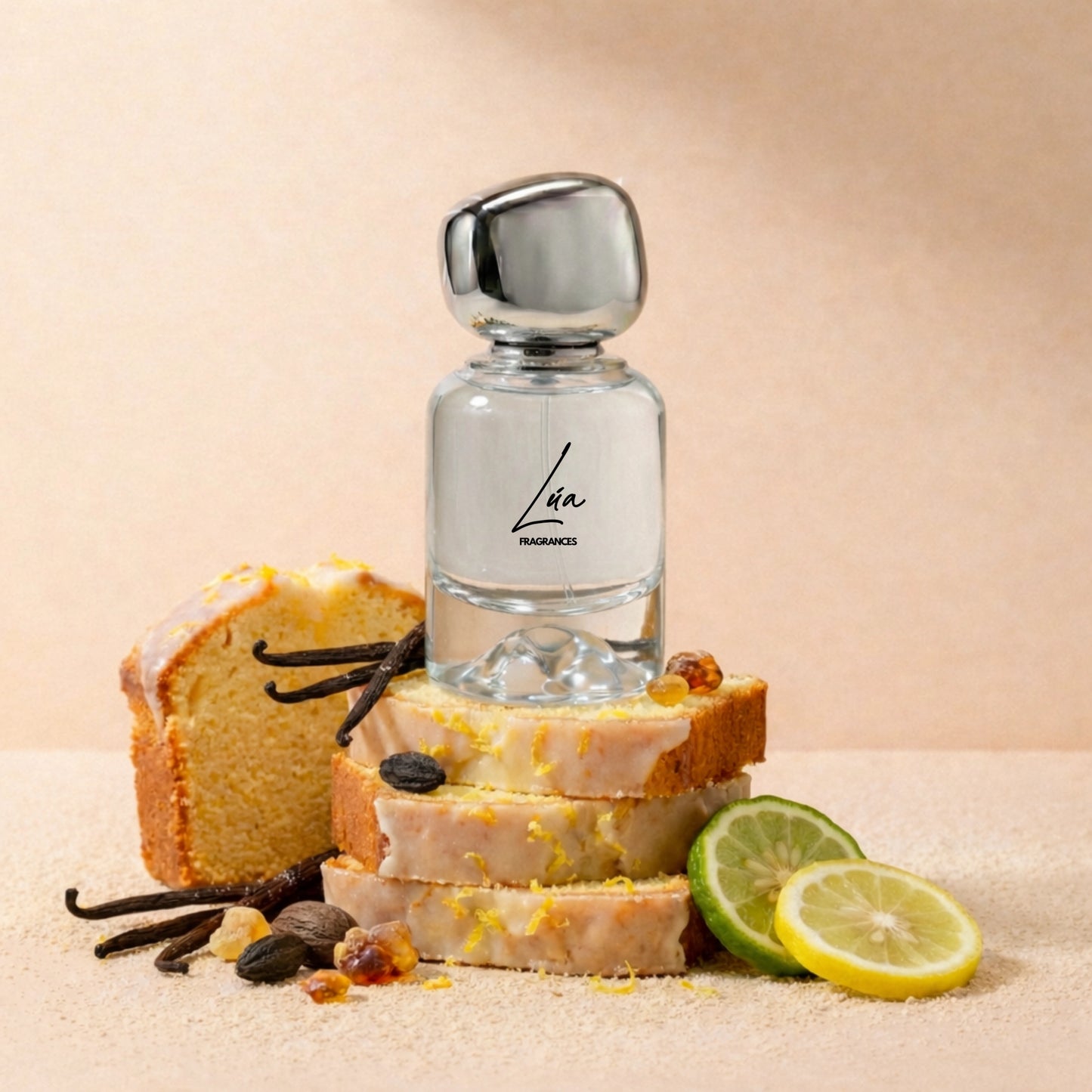 Unisex Duftzwilling Lyhra– Lifestyle Foto mit Flakon, Zitrus, Orangenblüte und Vanille – hohe Duftölkonzentration – Lúa Fragrances