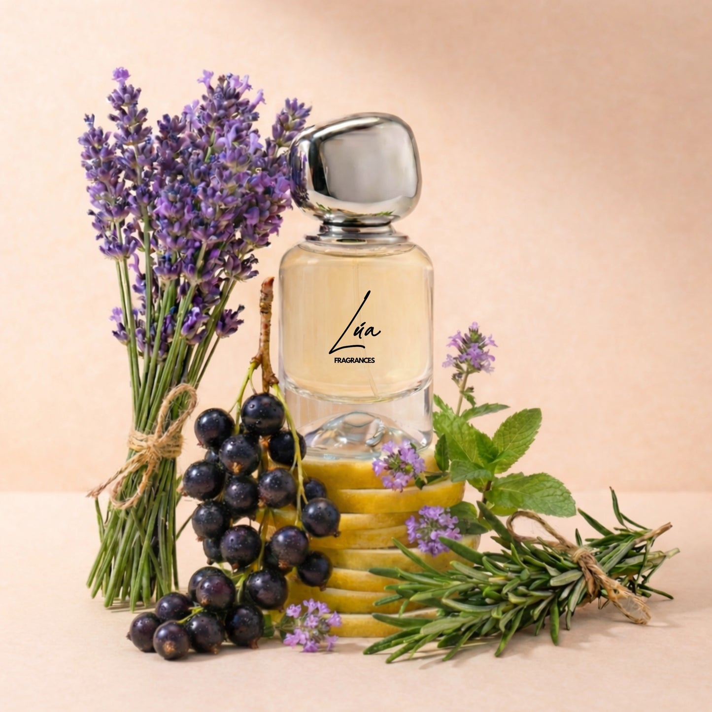 Unisex Duftzwilling Turin – Lifestyle Foto mit Flakon, Minze, Zitrone und Kräutern – hohe Duftölkonzentration – Lúa Fragrances